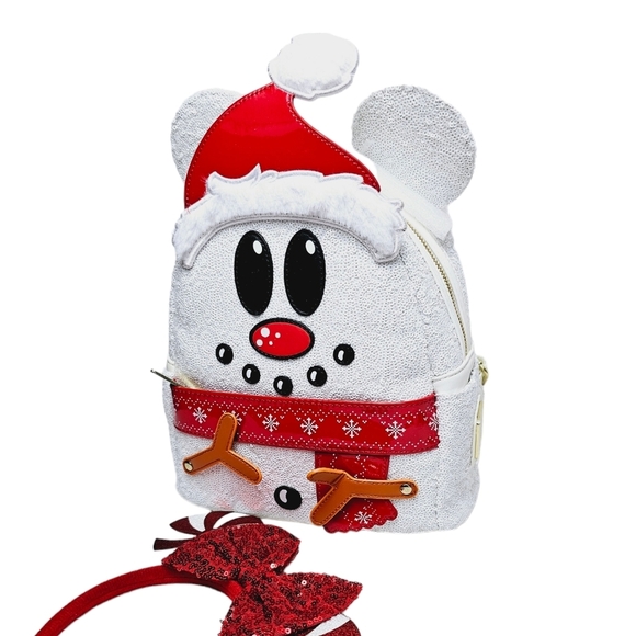 DISNEY Loungefly Mickey Mouse Sequin Snowman Mini Backpack + Handmade Ears - Picture 5 of 11